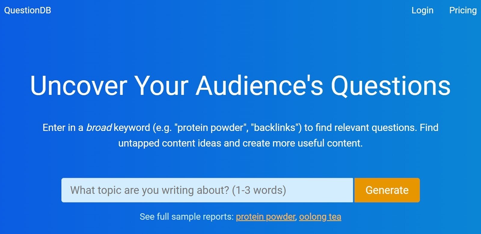 QuestionDB homepage with title "Uncover Your Audience´s Questions"