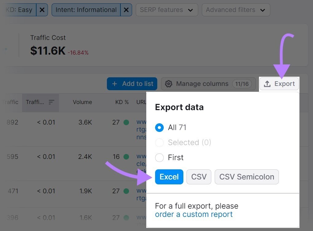 “Export” button offering "Excel" "CVS" and "CVS Semicolon" options