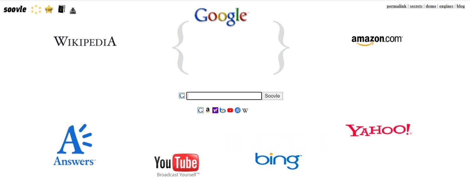 Soovle page with search bar in the centre, surrouned with Wikipedia, YouTube, amazon.com etc. logos