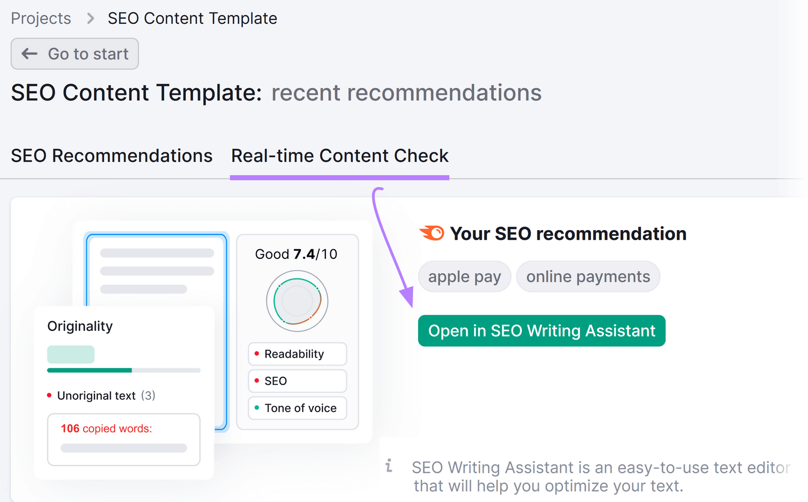 Open in SEO Writing Assistant button to start writing content based on the template.