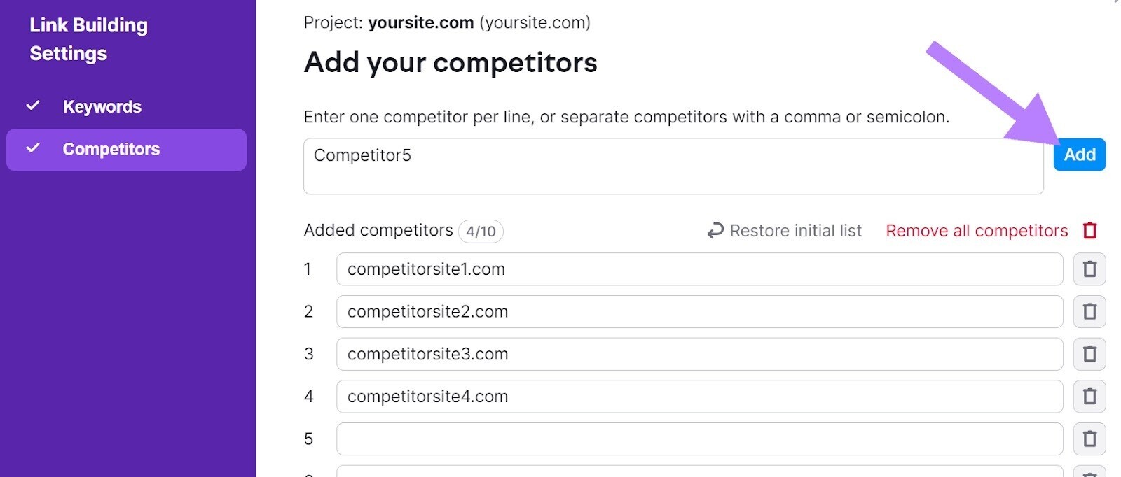 "Add your competitors" page