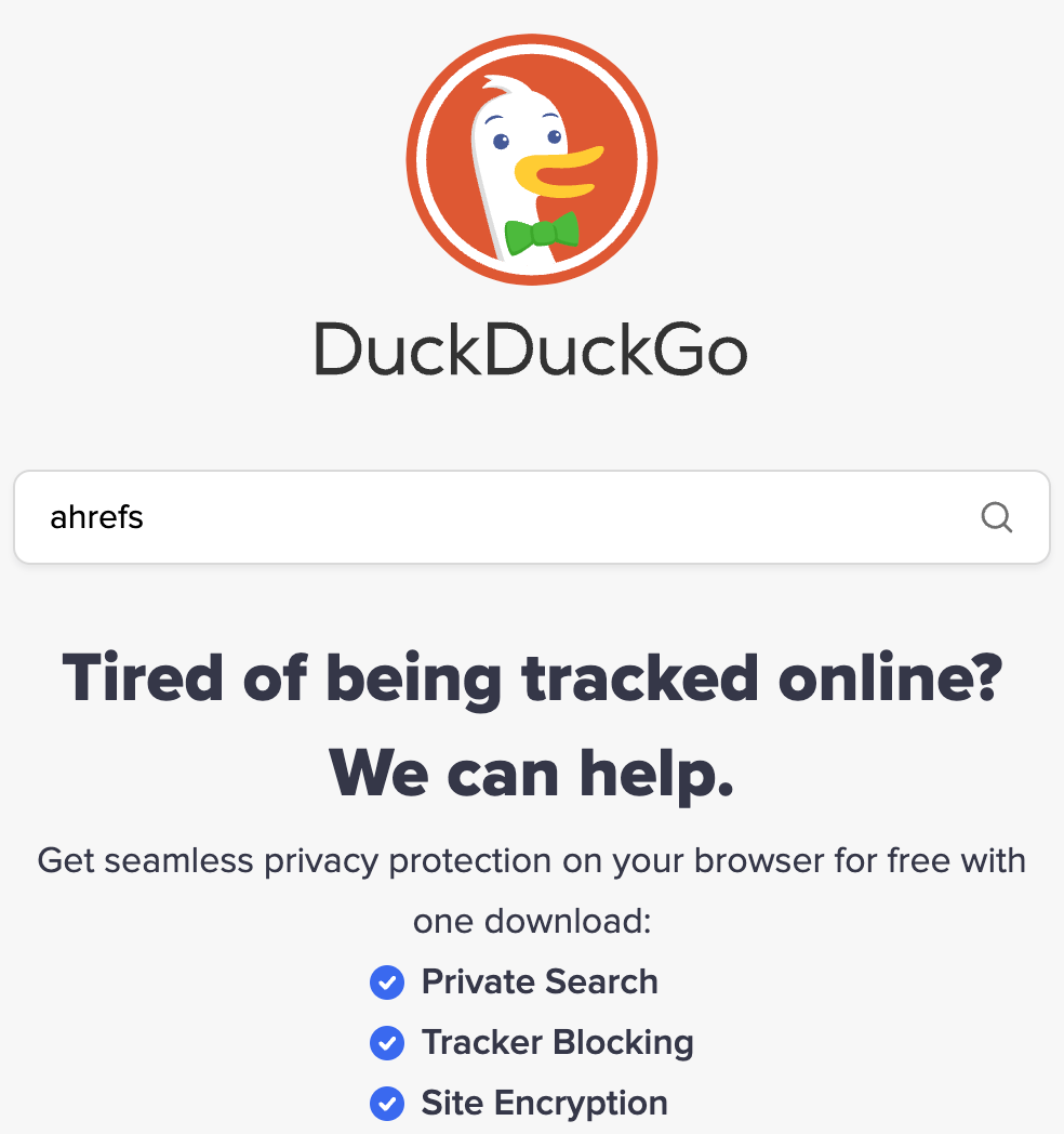 Searching "ahrefs" on DuckDuckGo