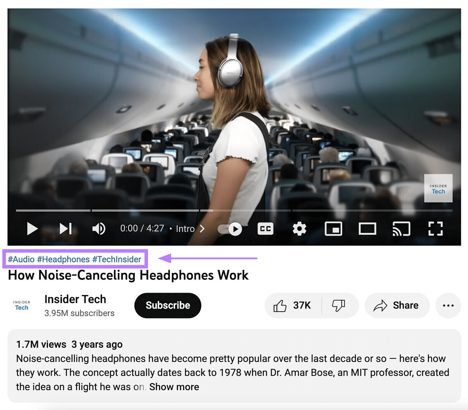 example of hashtags #audio #headphones #techinsider for "How Noise-Canceling Headphones Work" Youtube video