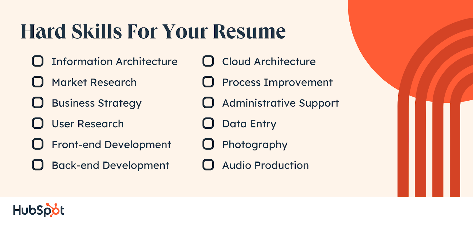 Hard Skills For Your Resume. Information Architecture. Market Research. Business Strategy. User Research. Front-end Development. Back-end Development. Data Entry. Photography. Audio Production. Cloud Architecture. Process Improvement. Administrative Support.
