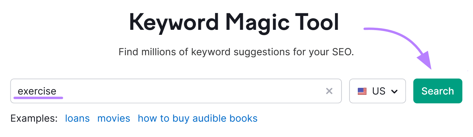 "exercer" tapé dans la barre de recherche Keyword Magic Tool