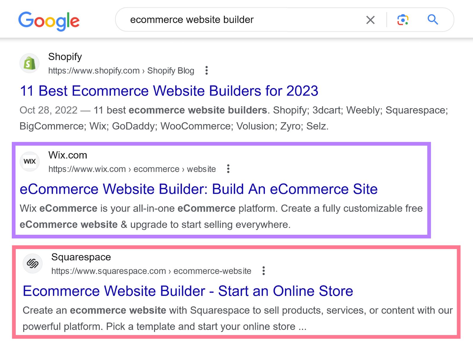 Google search for “ecommerce website builder” shows Shopify, Wix and Squarespace in the first results