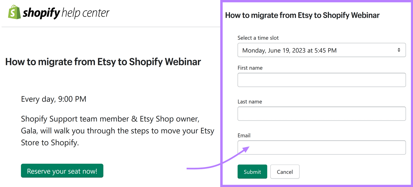 an example of form to participate in webinar by Shopify