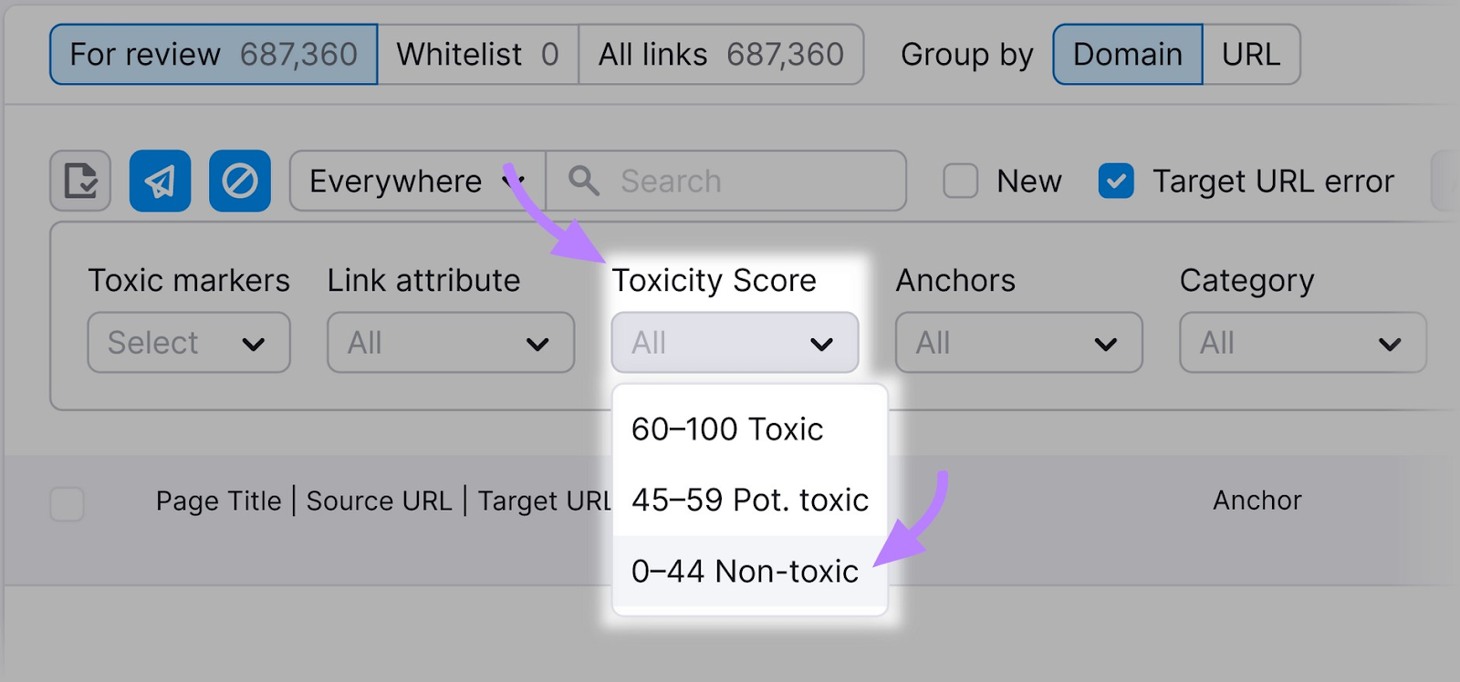 “Toxicity Score” filter with a drop down menu to choose from
