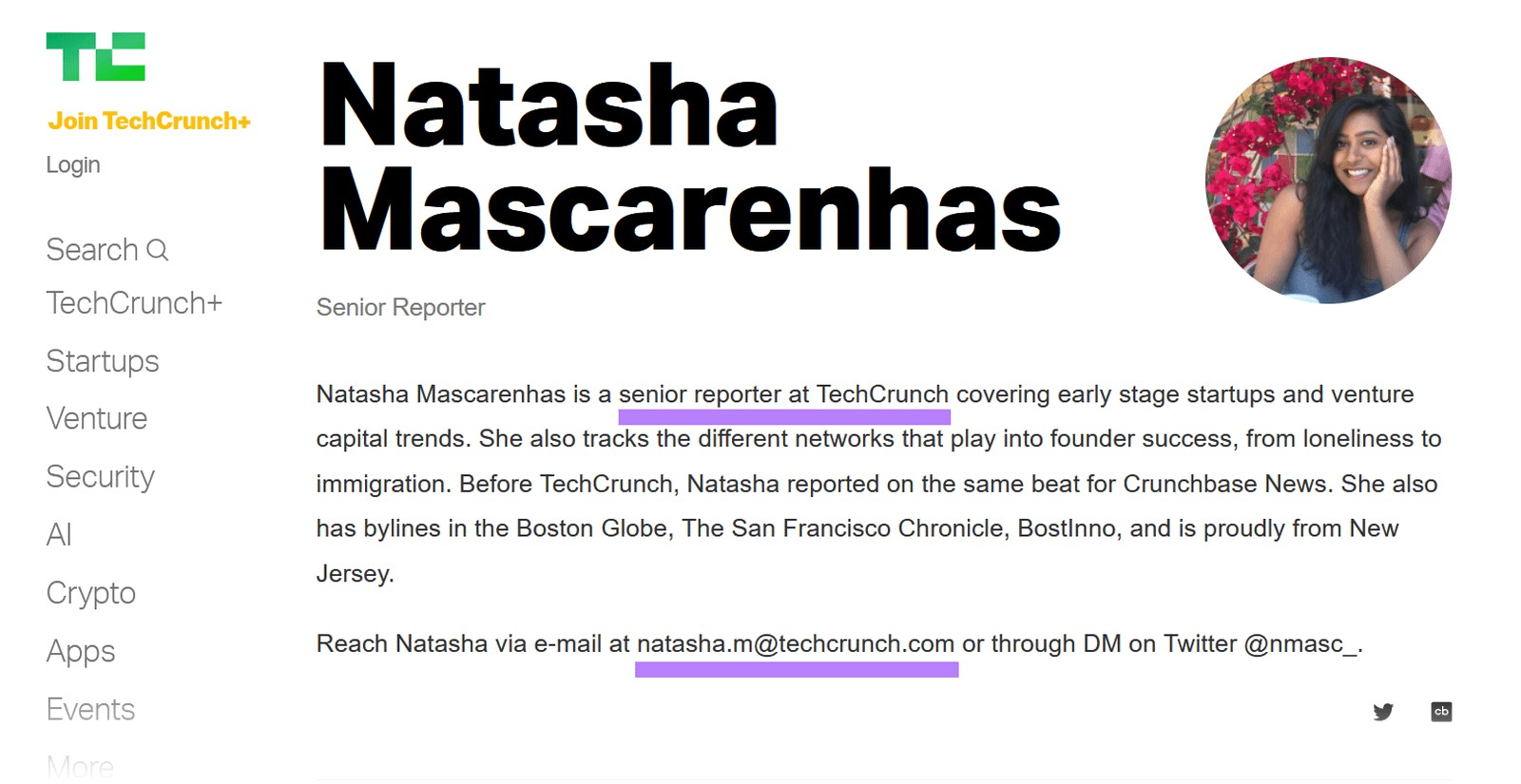 an author page for "Natasha Mascarenhas"