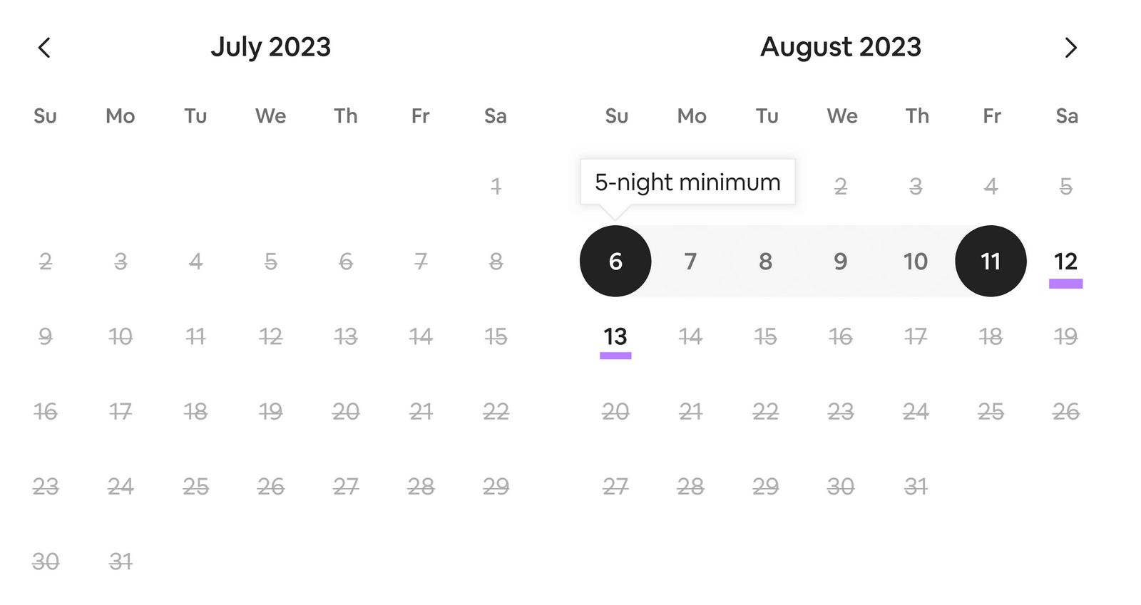 an example of Airbnb calendar showing "5-night minimum" stay option