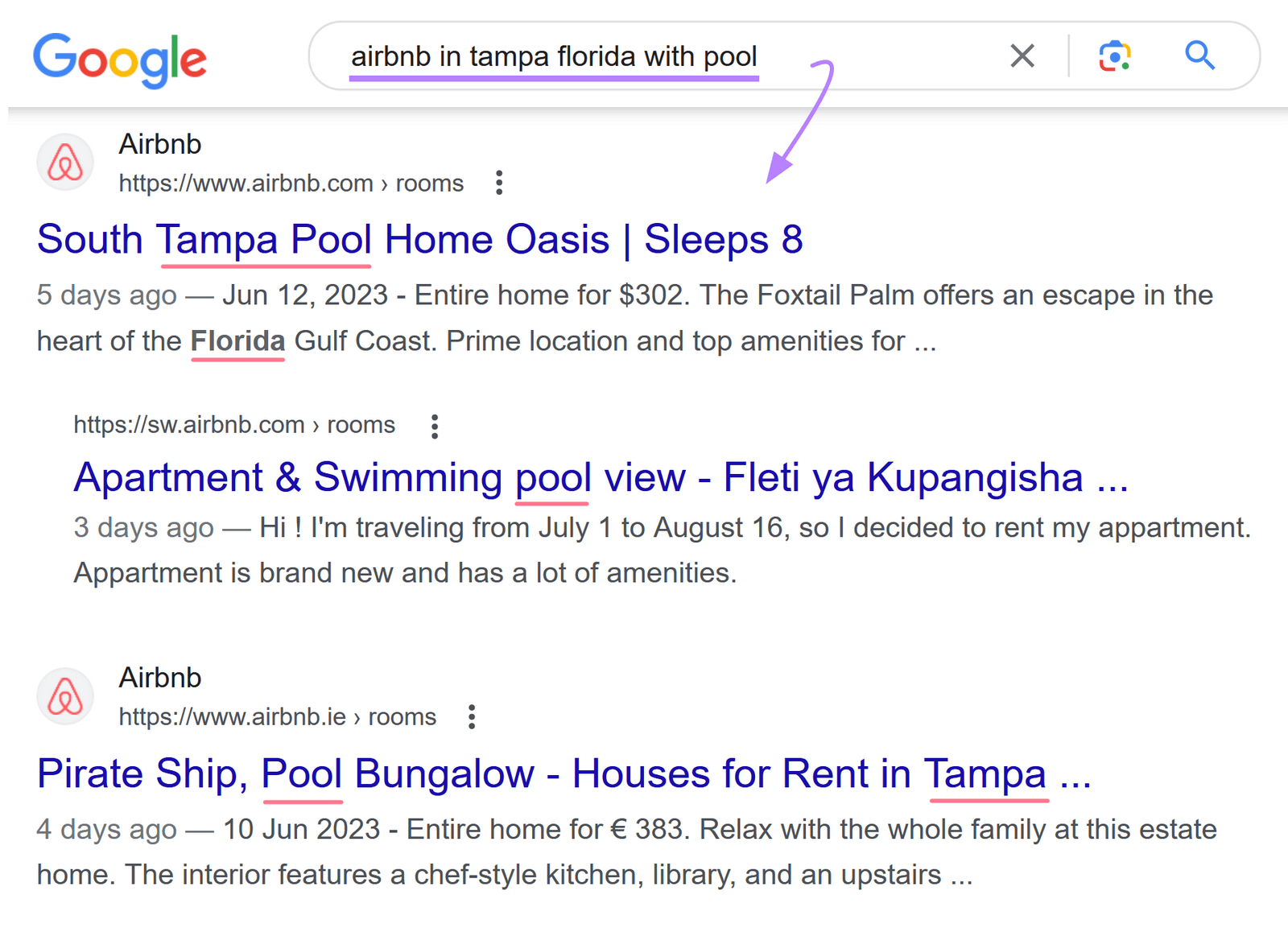 Google search for "airbnb in tampa florida with pool"