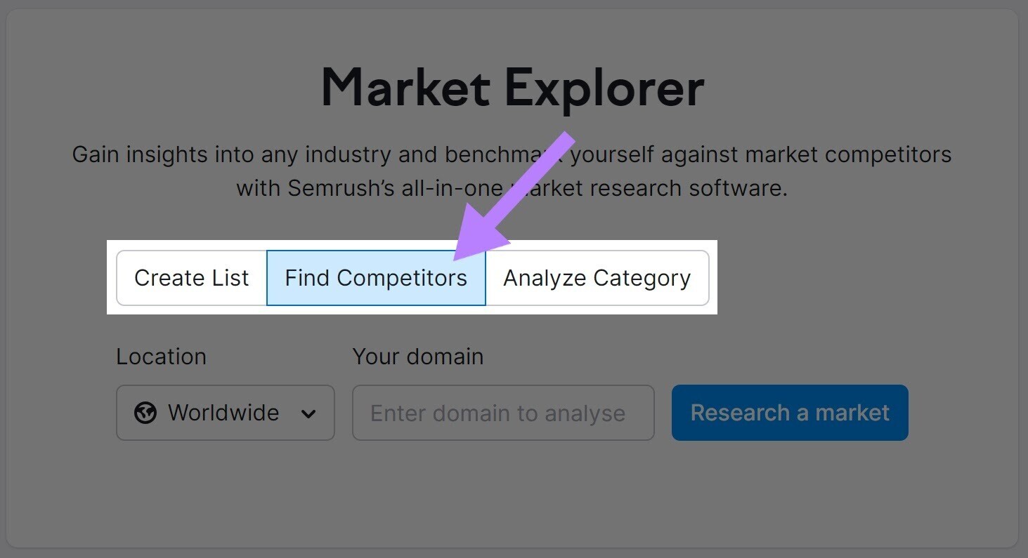 Market explorer tool with the "find competitors" button highlighted