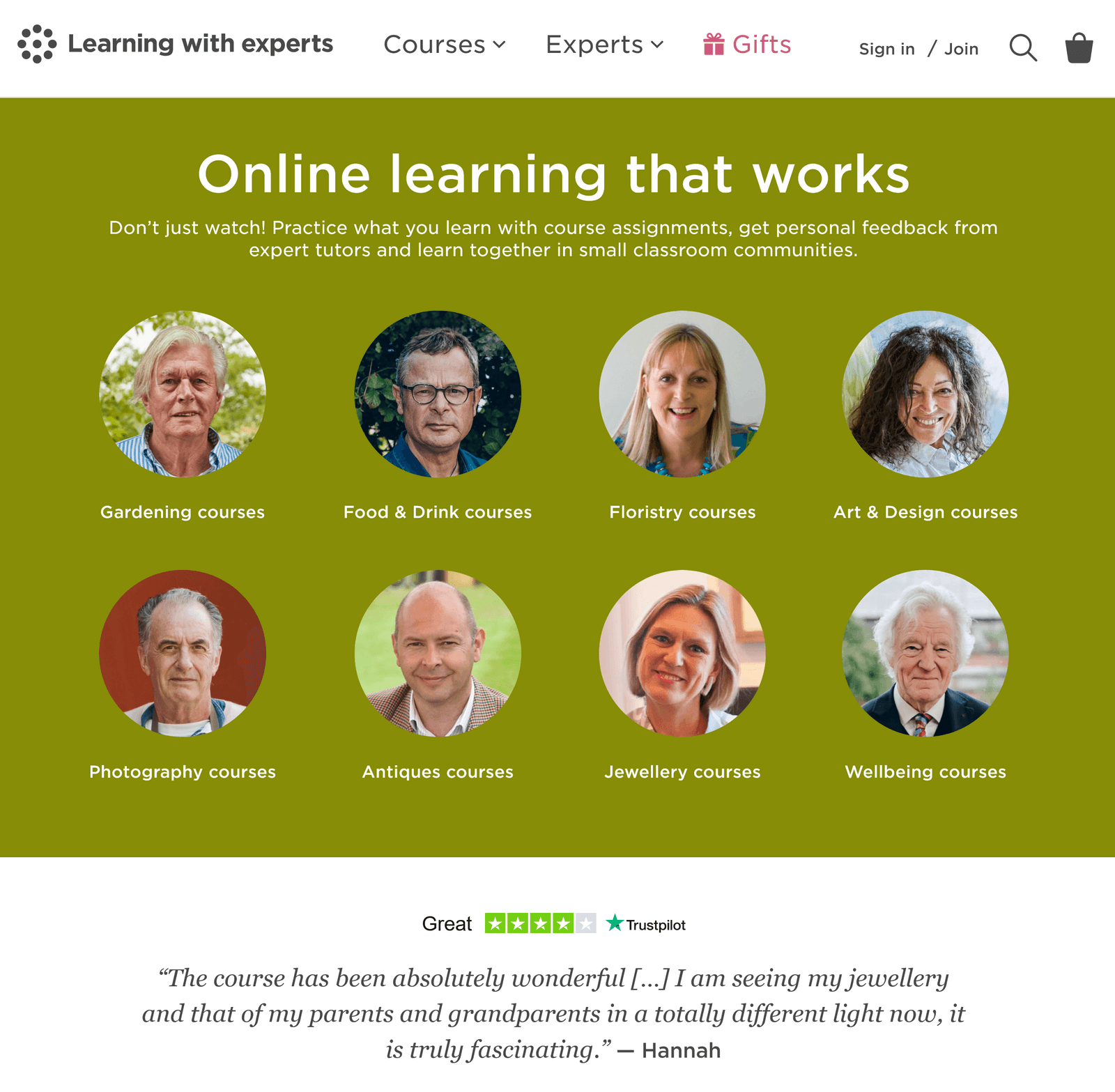 "Apprendre avec des experts" page d'accueil