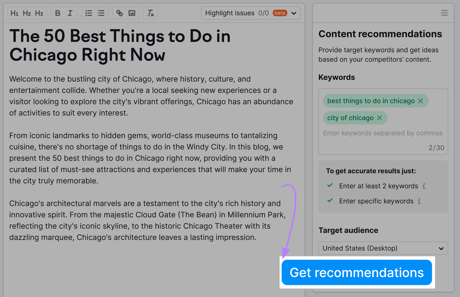 "Obtenir des recommandations" bouton mis en évidence dans l'assistant de rédaction SEO de Semrush