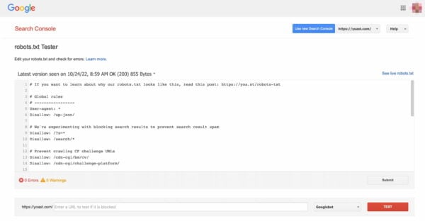 a test result of a robots.txt file in the Google testing tool