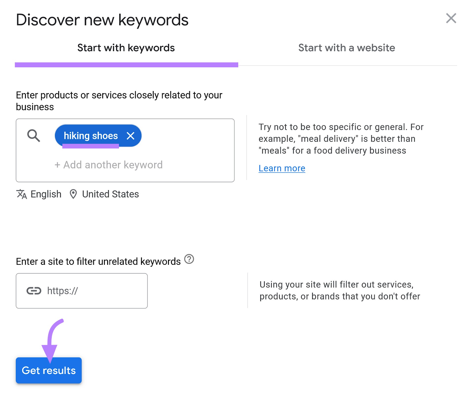 “Start with keywords” tab in Google Keyword Planner