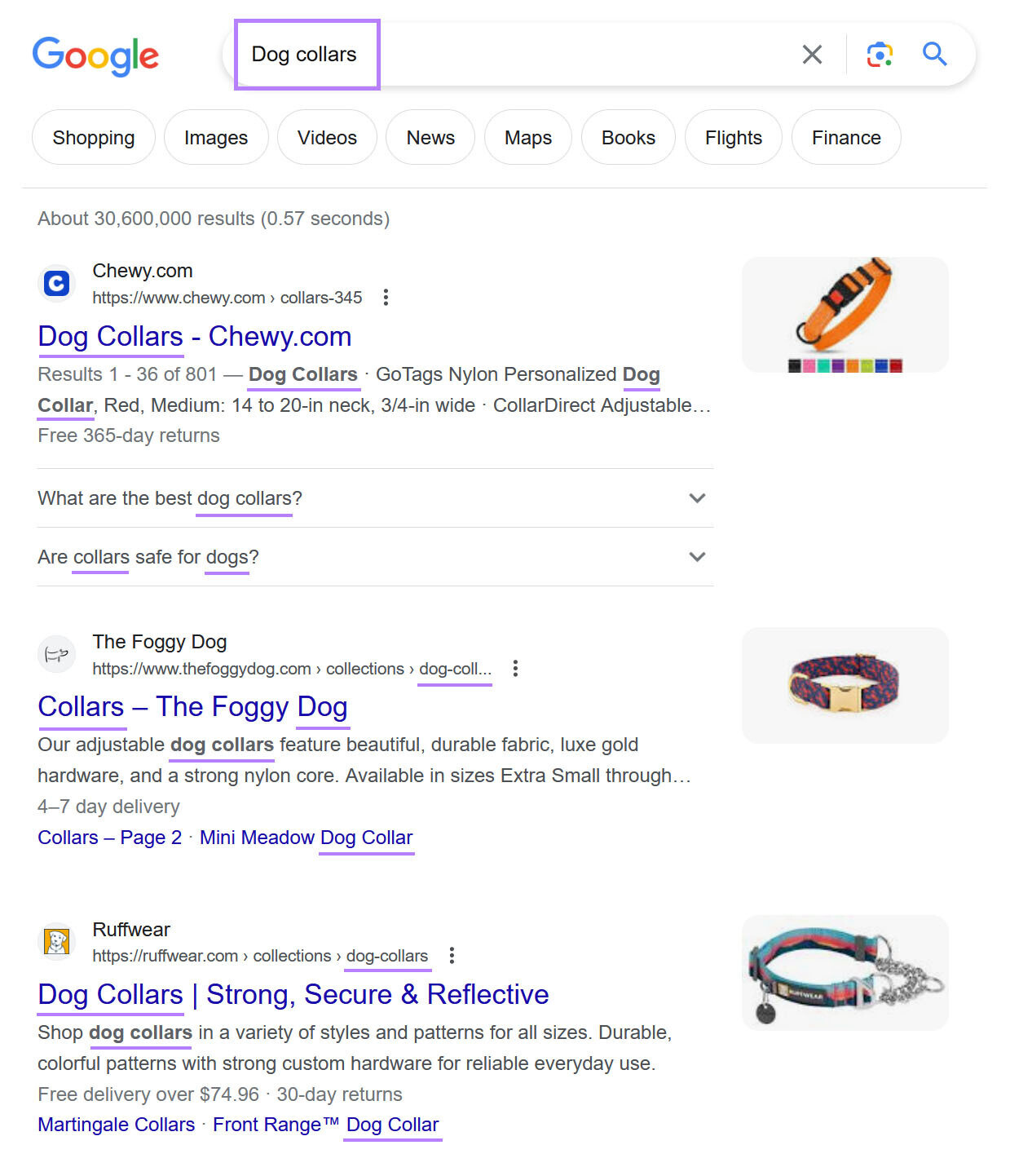 search engine results page (SERP) for "dog collars"