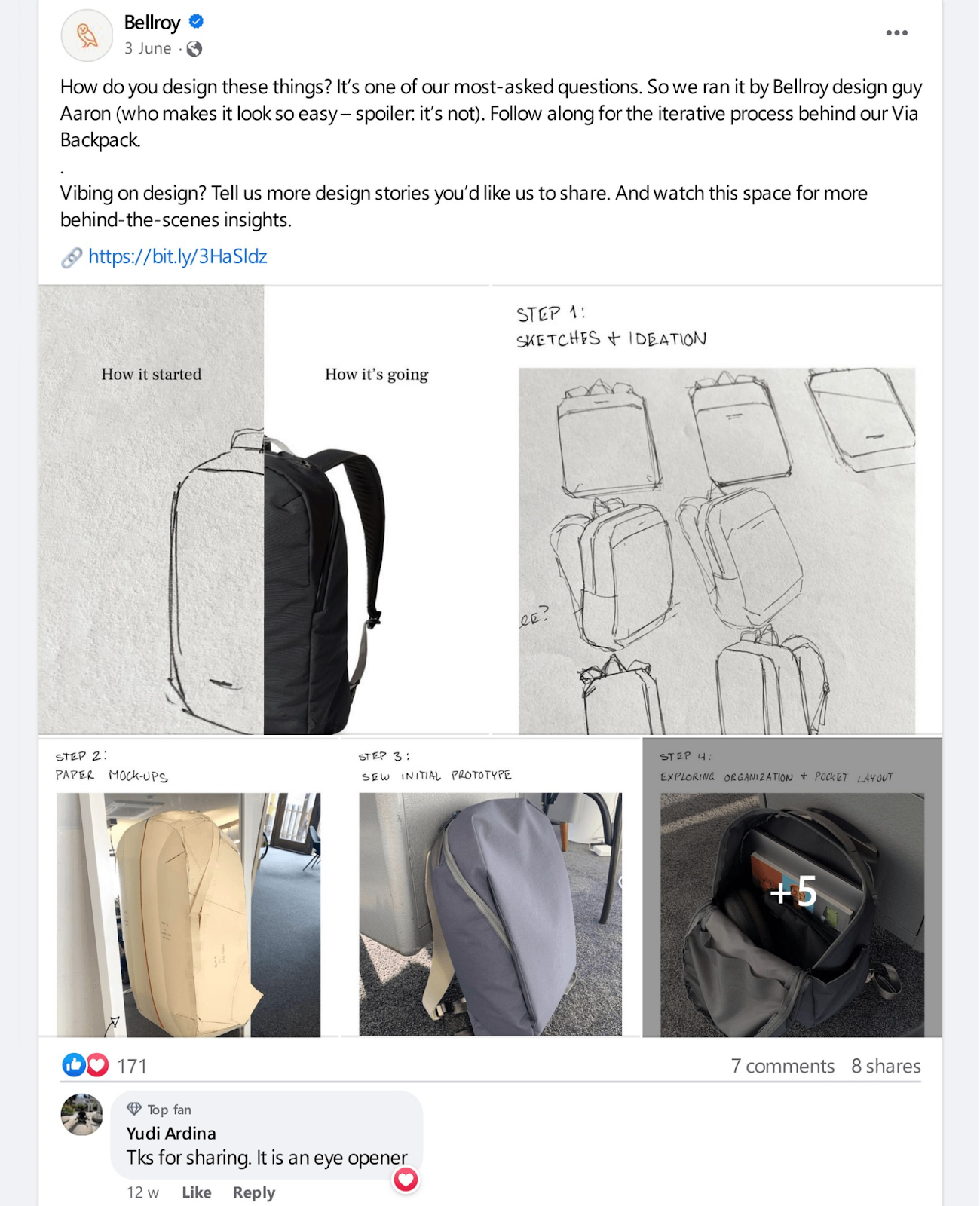 Bellroy post on Facebook about their design process