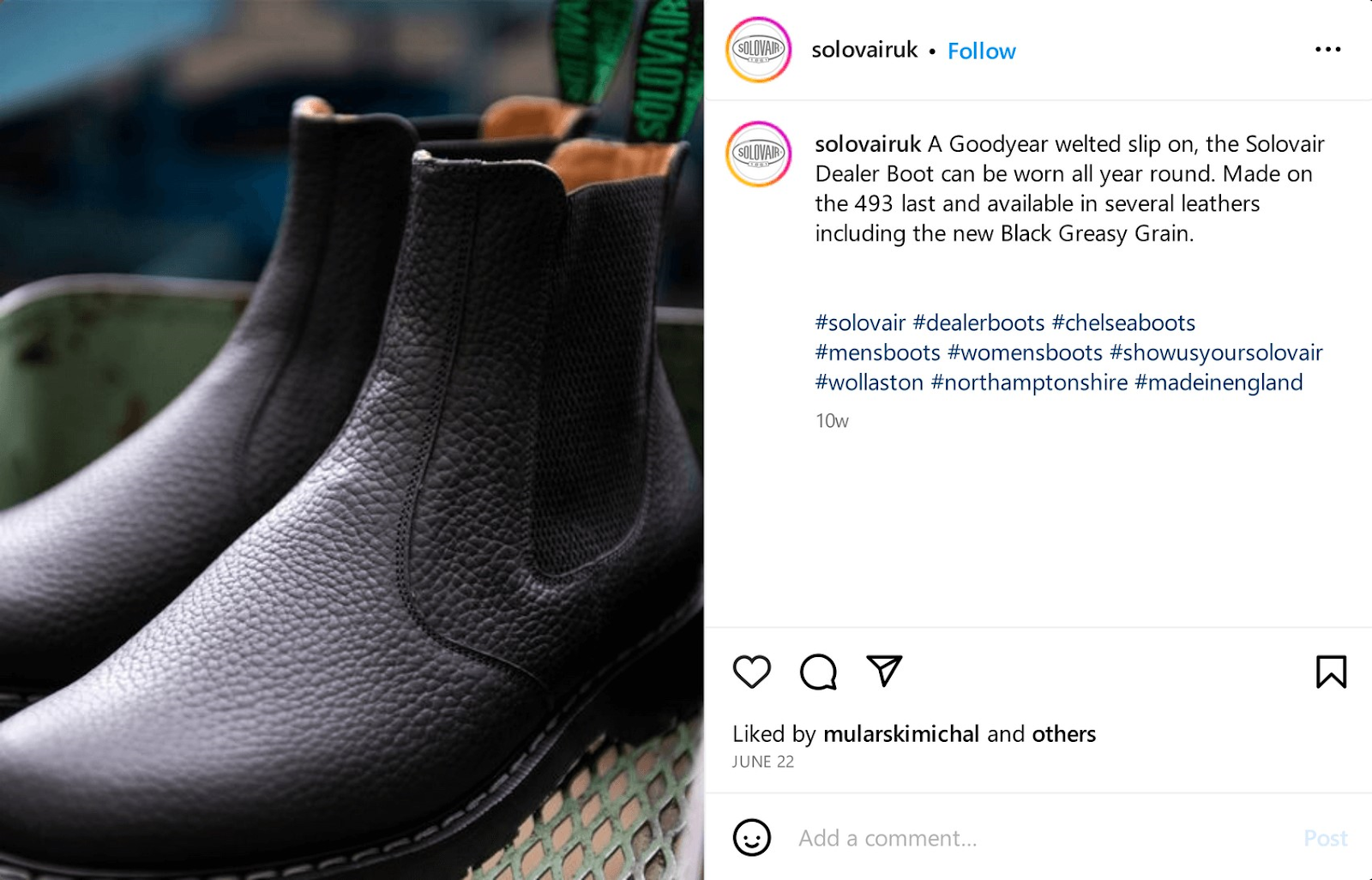 Solovair Instagram post about Dealer Boot