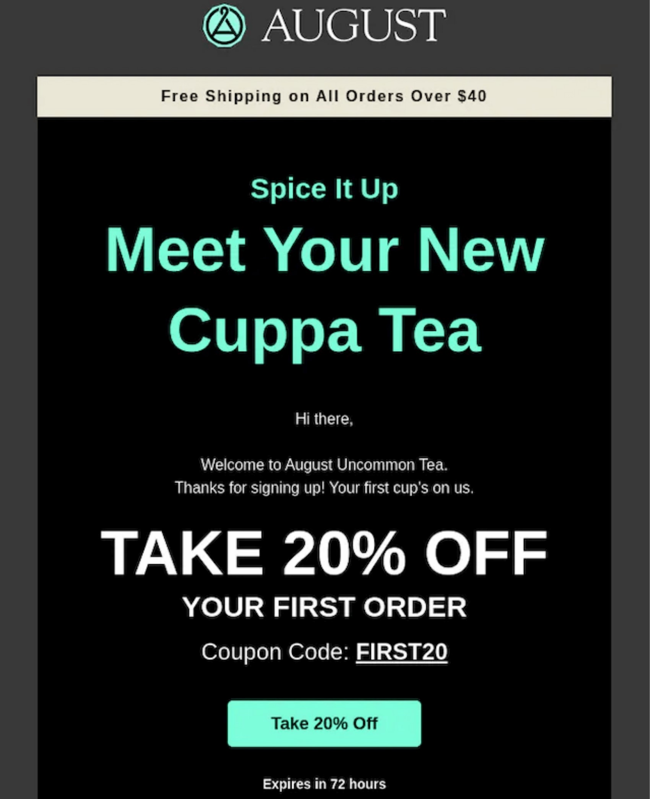 an email offering 20% off by tea brand August