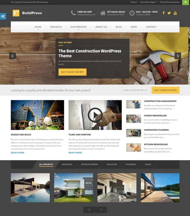 BuildPress Classic demo for WordPress shows construction webite with image slider and sidebar construction theme 