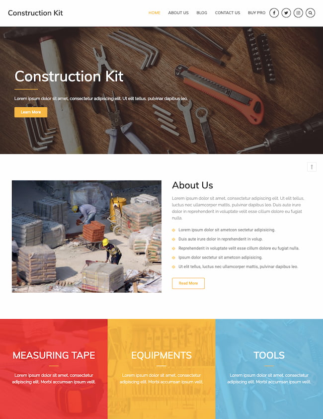 Construction Kit demo for WordPress shows homepage for a construction theme company