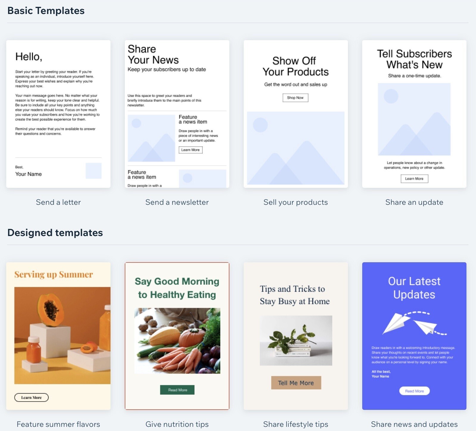 Wix’s email templates page