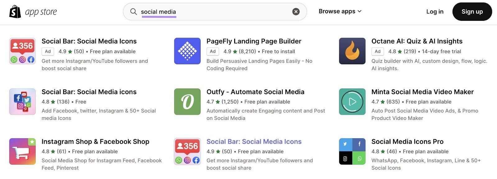 results for "social media" search in Shopify App Store