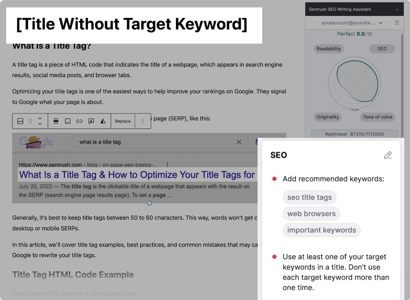 an example of SEO suggestions in Semrush SEO Writing Assistant