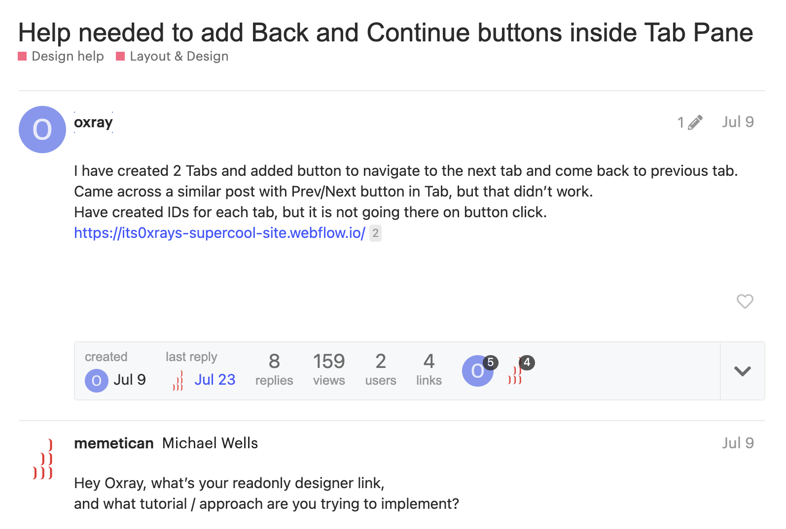 an example of a question and answer in Webflow Forum