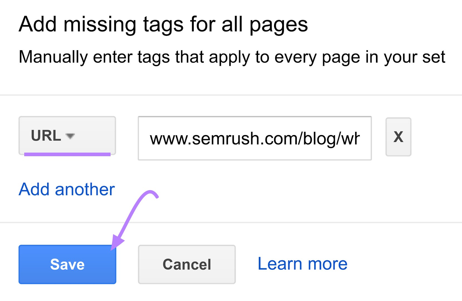 “Add missing tags for all pages” section with data added to the URL tag