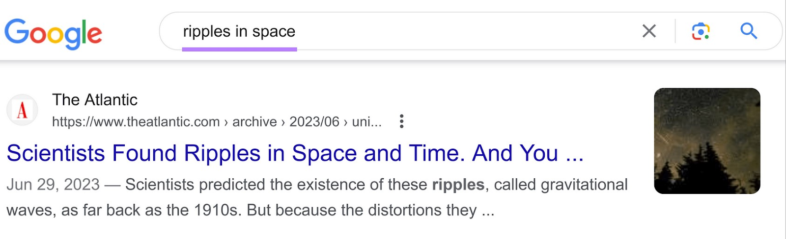 an article from The Atlantic is the first results in Google SERP for “ripples in space” query