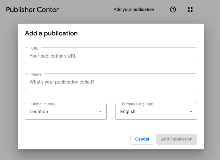 "Add a publication" box in Google Publisher Center