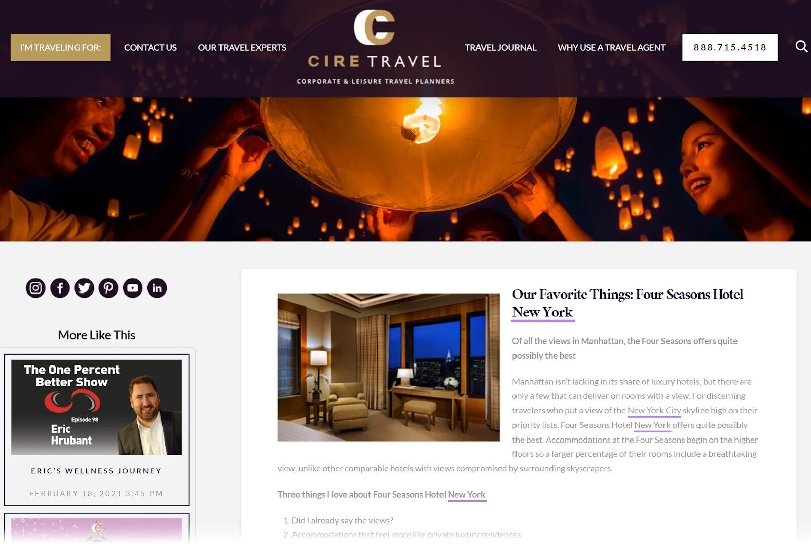 an example of articles on New York on CIRE Travel website
