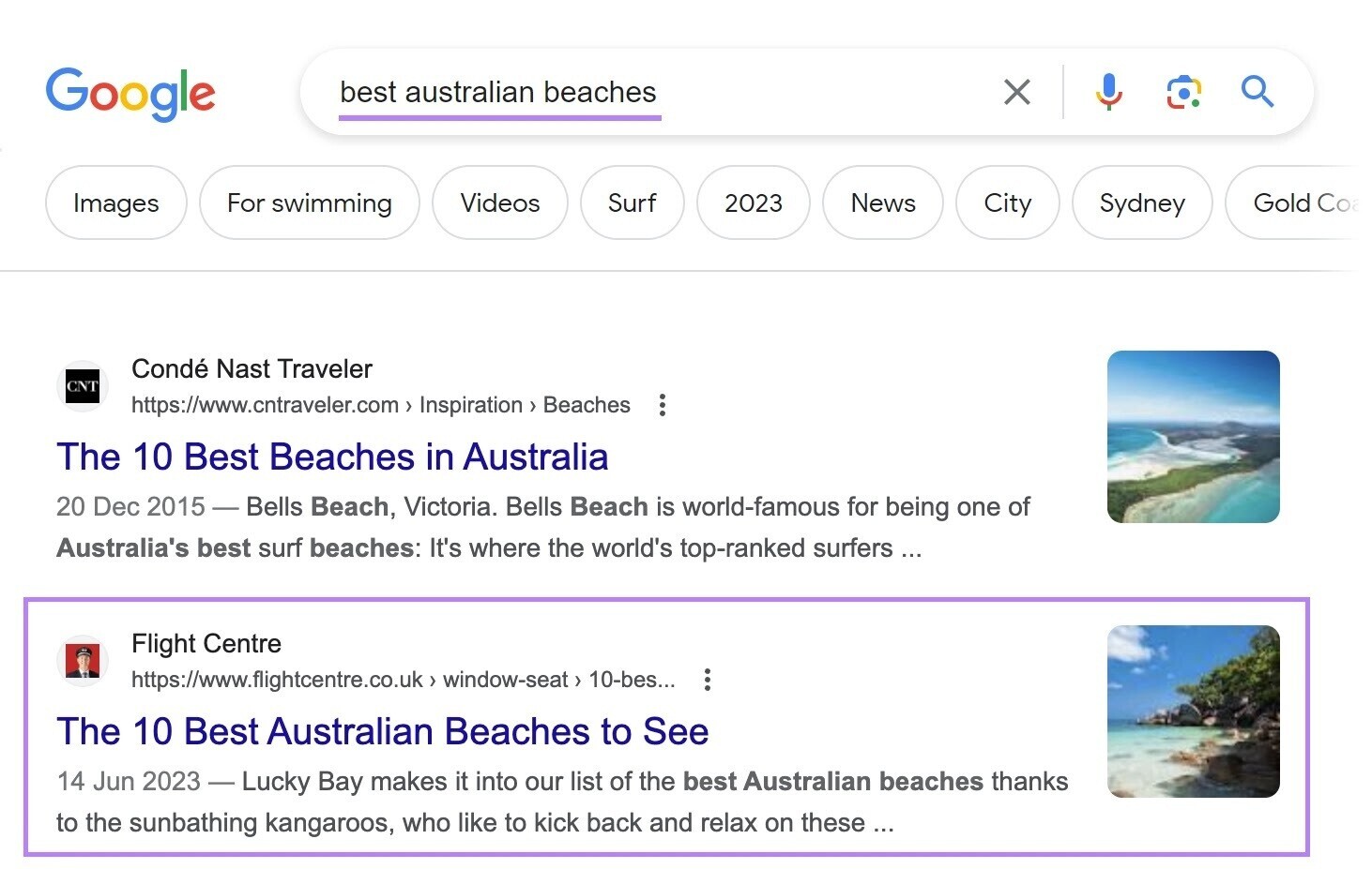 Google SERP for "best australian beaches" show a blog by Flight Centre