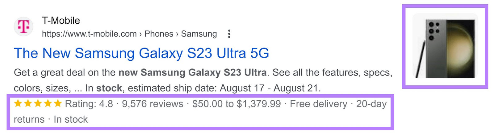 an example of a rich snippet showing rating, number of reviews, price, free delivery and returns for "The New Samsung Galaxy S23 Ultra 5G" by T-Mobile