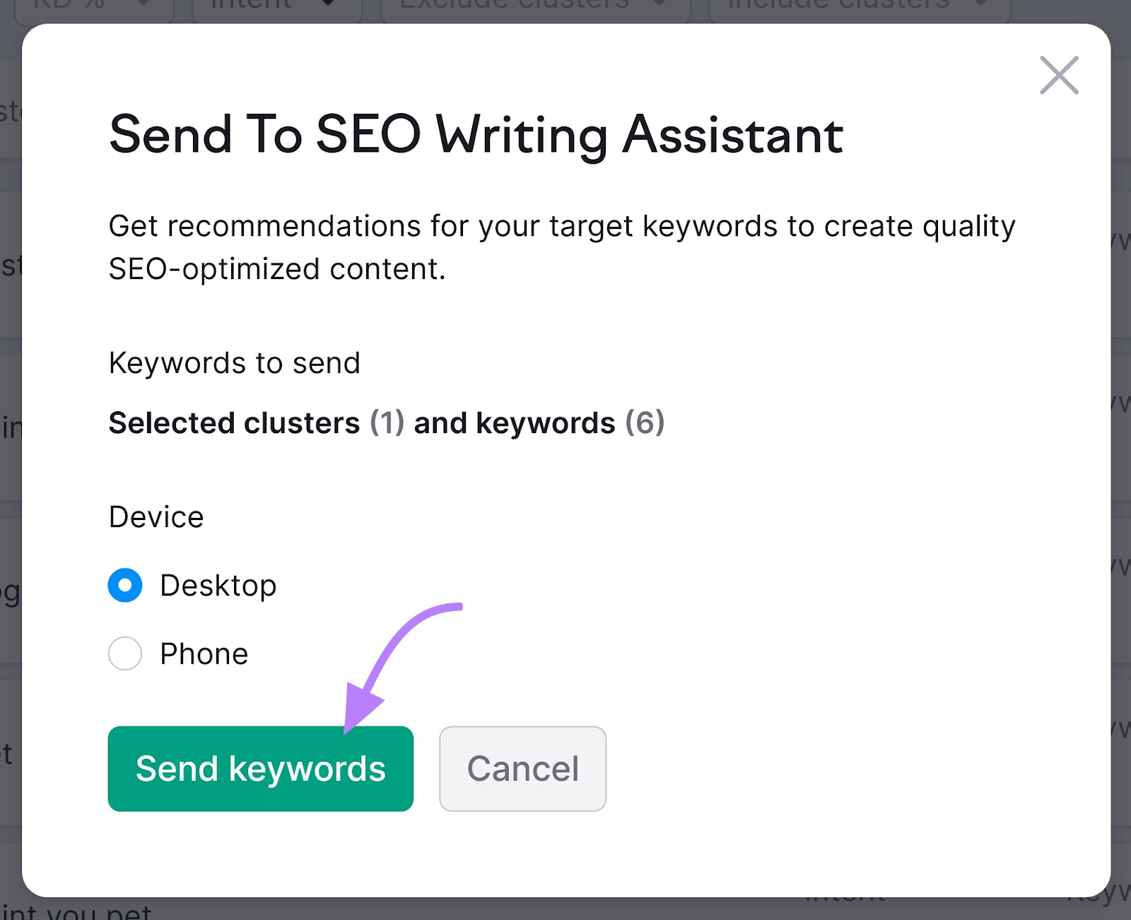 Send To SEO Writing Assistant” box