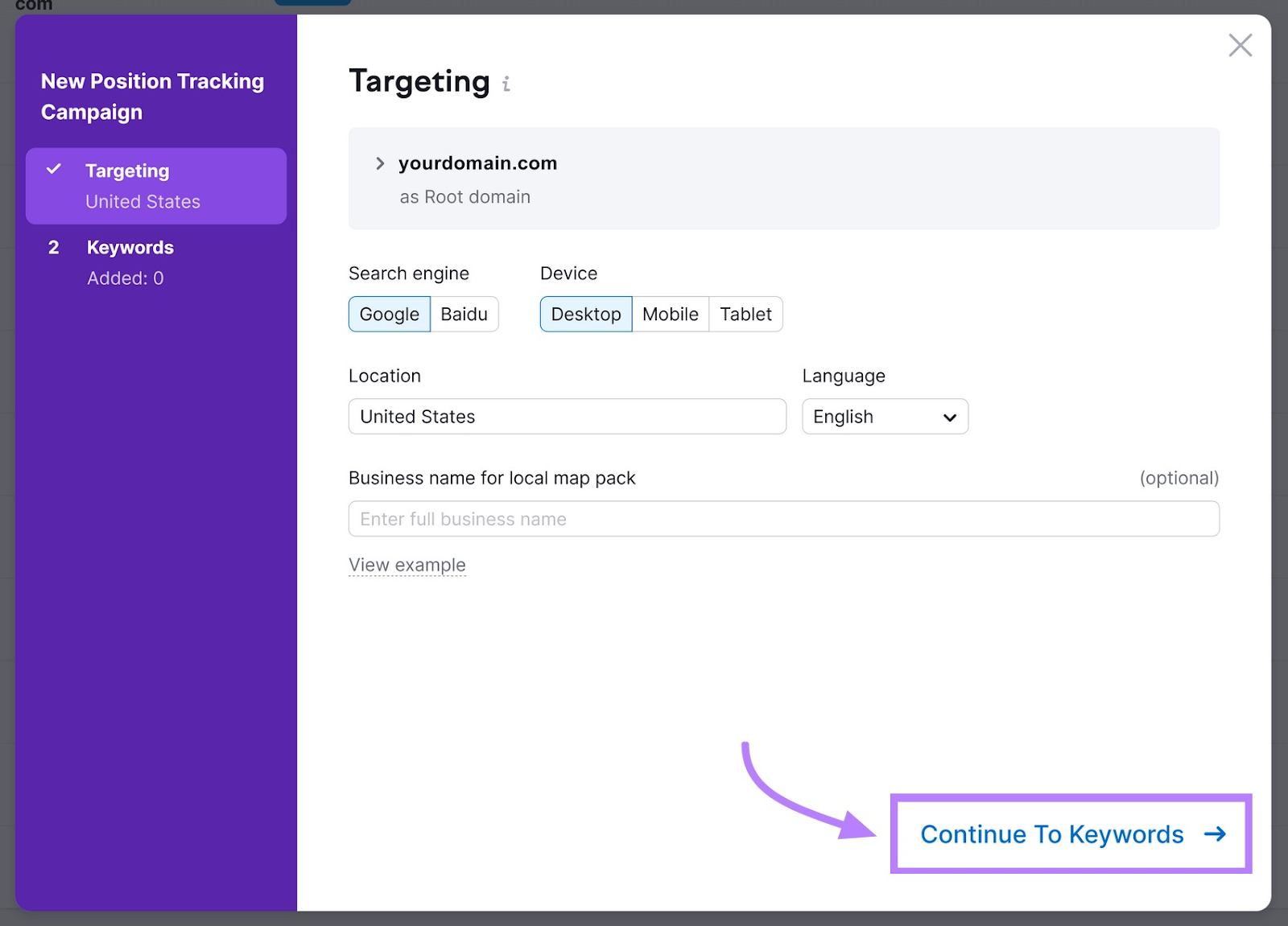 “Targeting” configuration page in Position Tracking tool