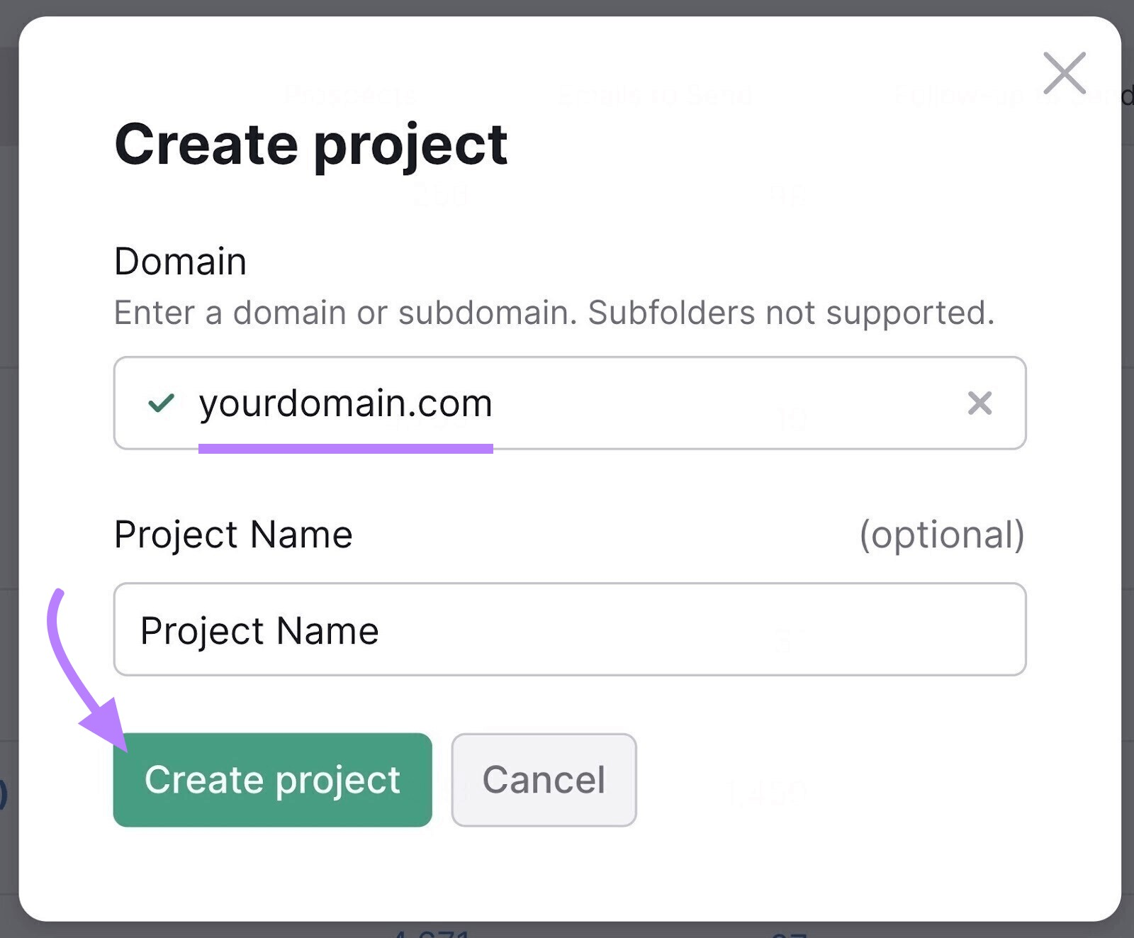 "Create project” section in Position Tracking tool