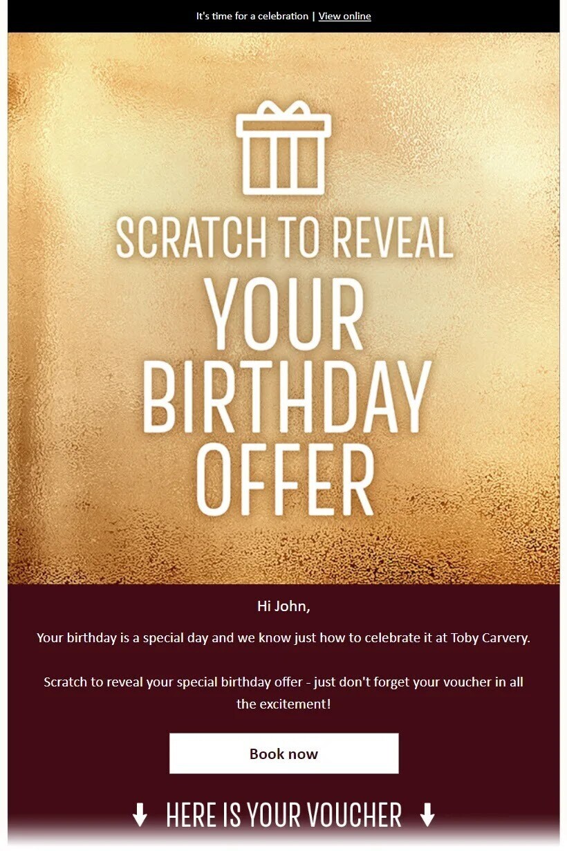 an example of email by Toby Carvery offering birthday voucher to the user