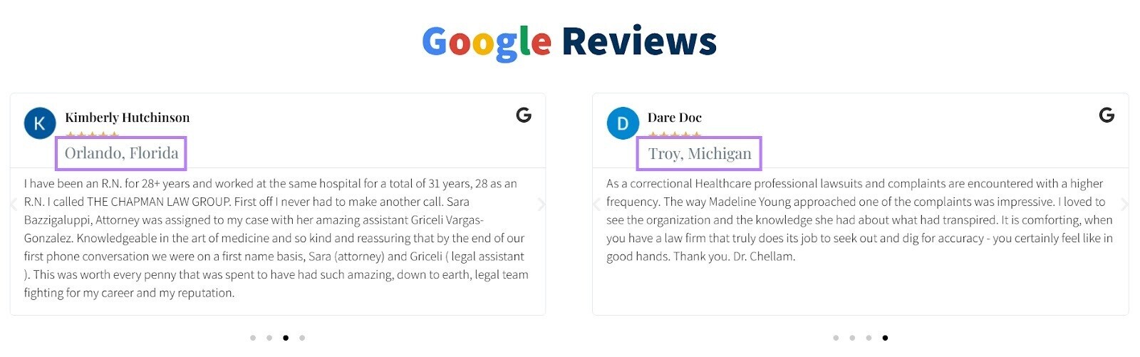 "Google reviews" section on Chapman Law Group's customer reviews and testimonials