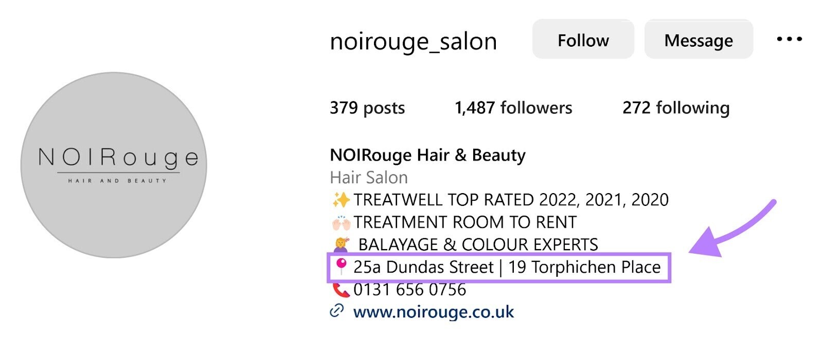 "noirouge_salon" includes their location in their Instagram page bio