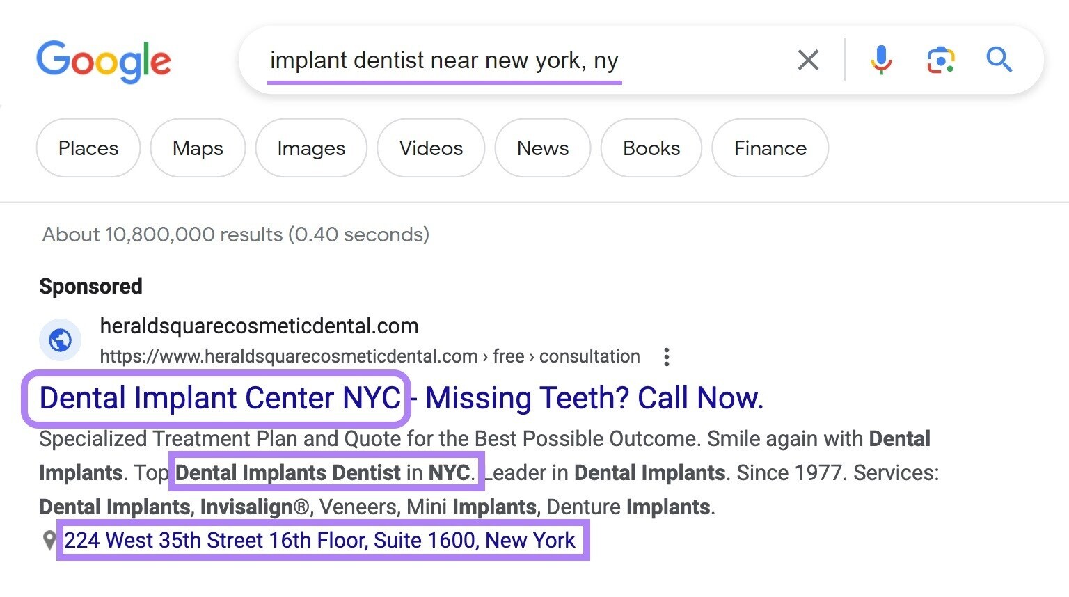 Herald Square Dental paid ad ranks on the first place for “implant dentist near new york, ny" query