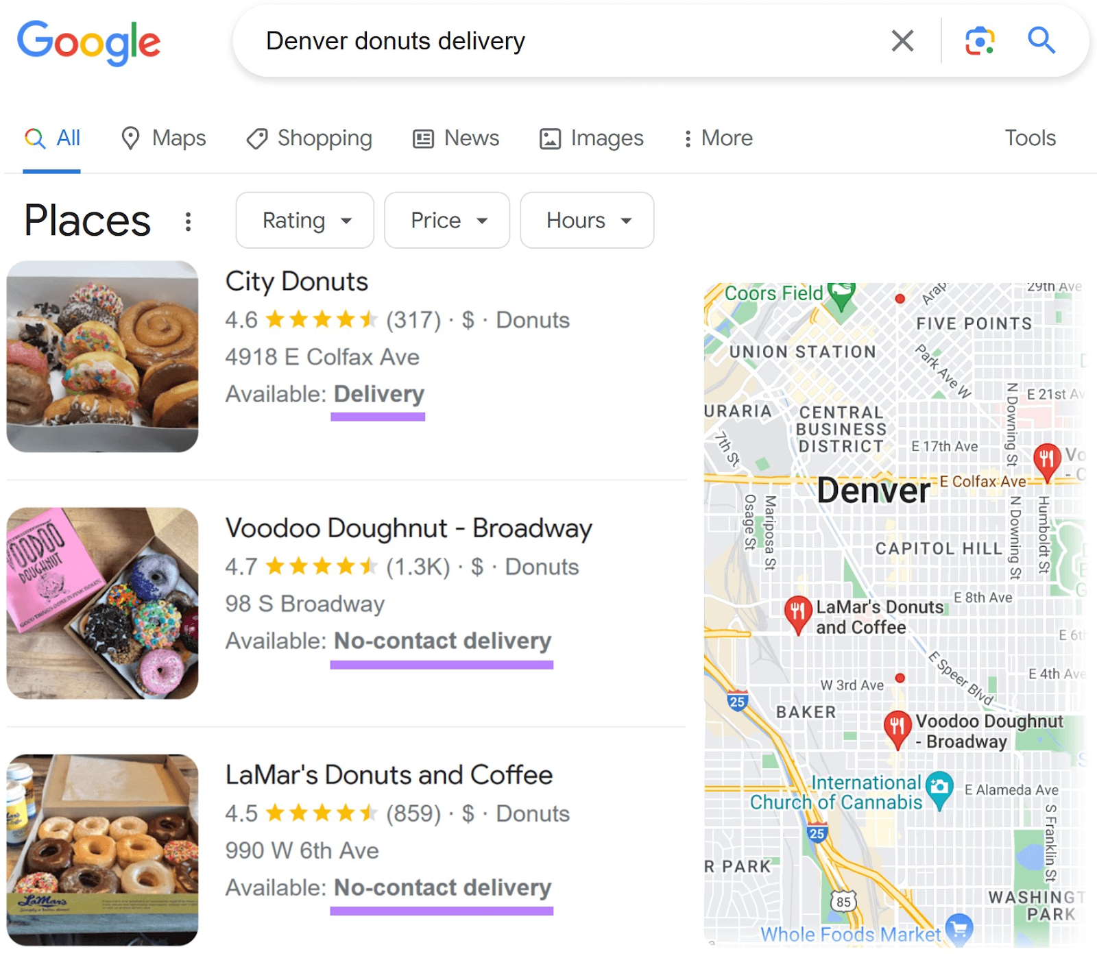 an example of businesses showing with "delivery" or "no-contact delivery" attributes on SERP