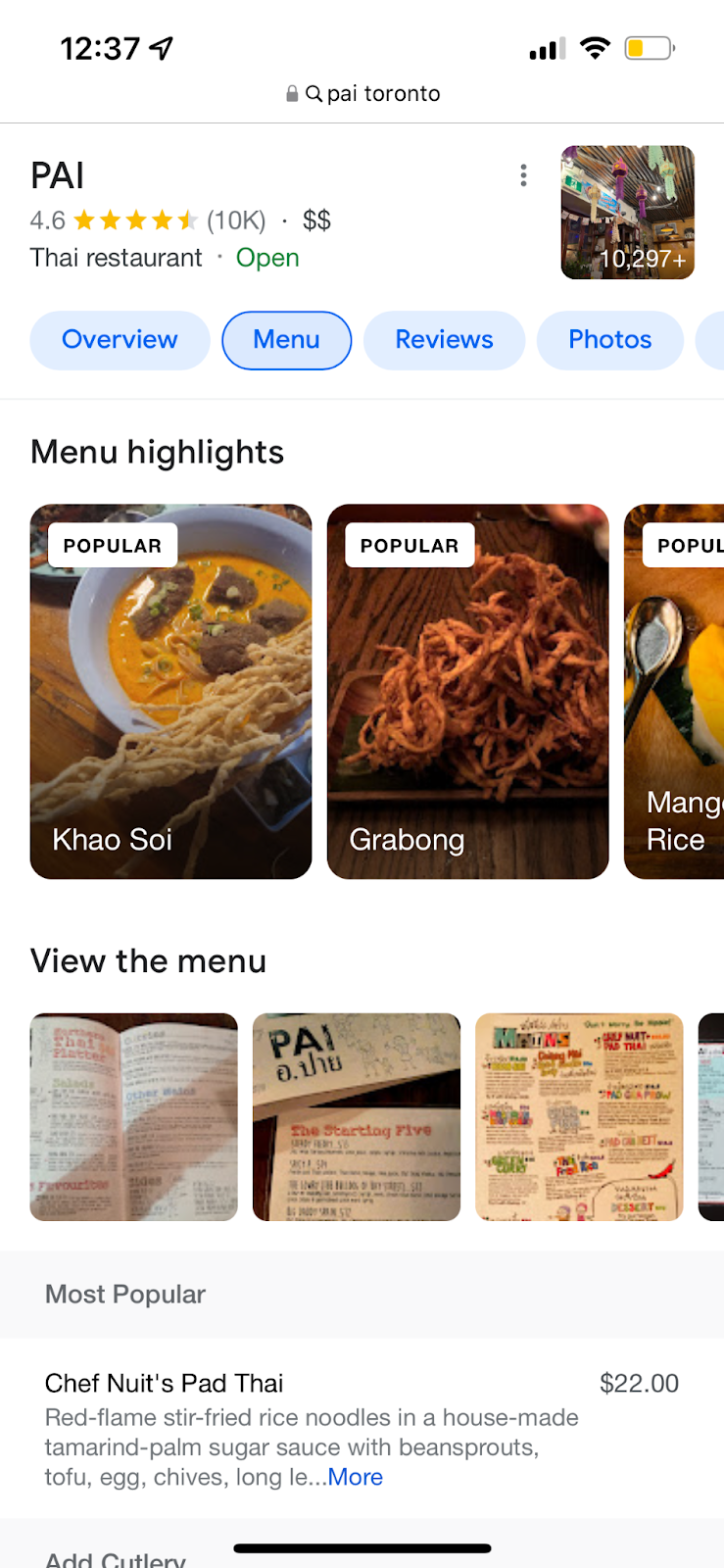 Pai's menu disalayed on Google SERP