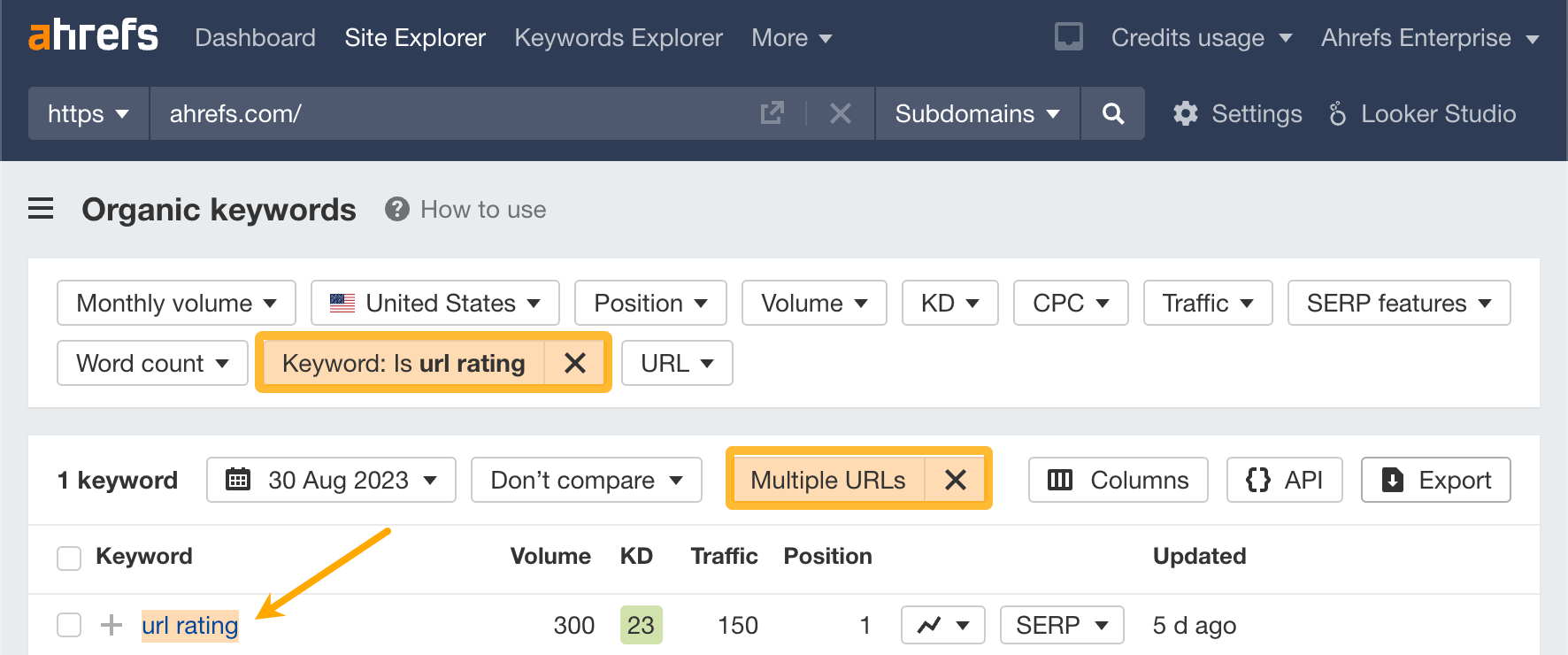 How to find keywords with multiple URLs ranking in Ahrefs' Site Explorer
