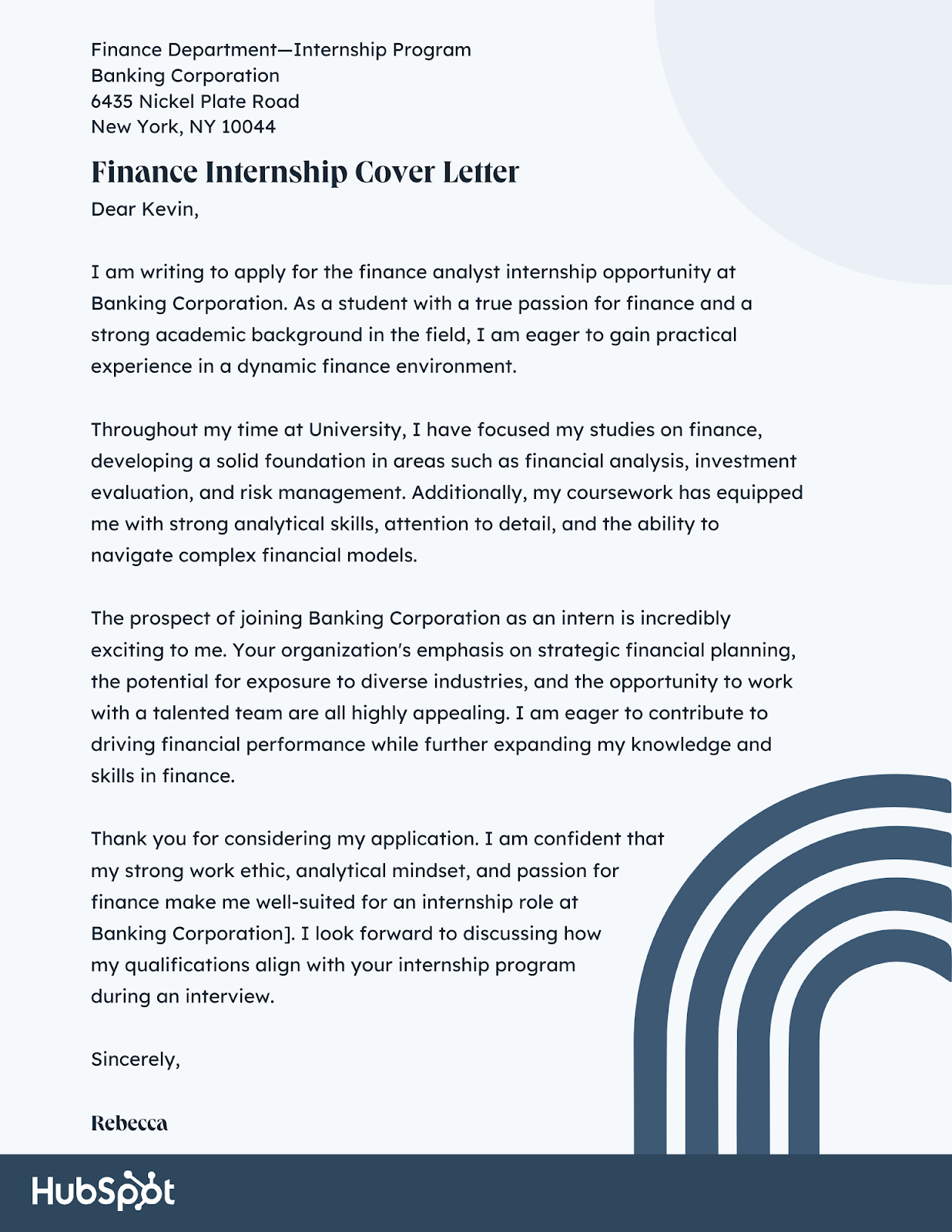 Internship Cover Letter Examples: Finance Internship Cover Letter