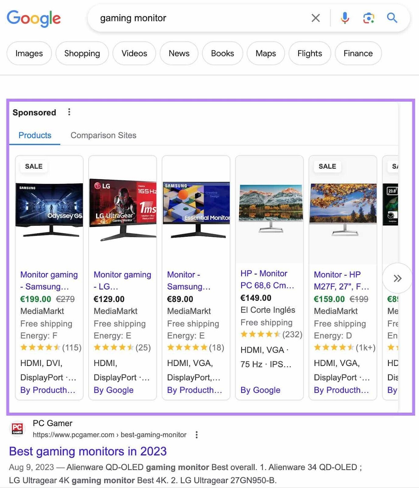 product listing ads in Google’s search results for "gaming monitor" search