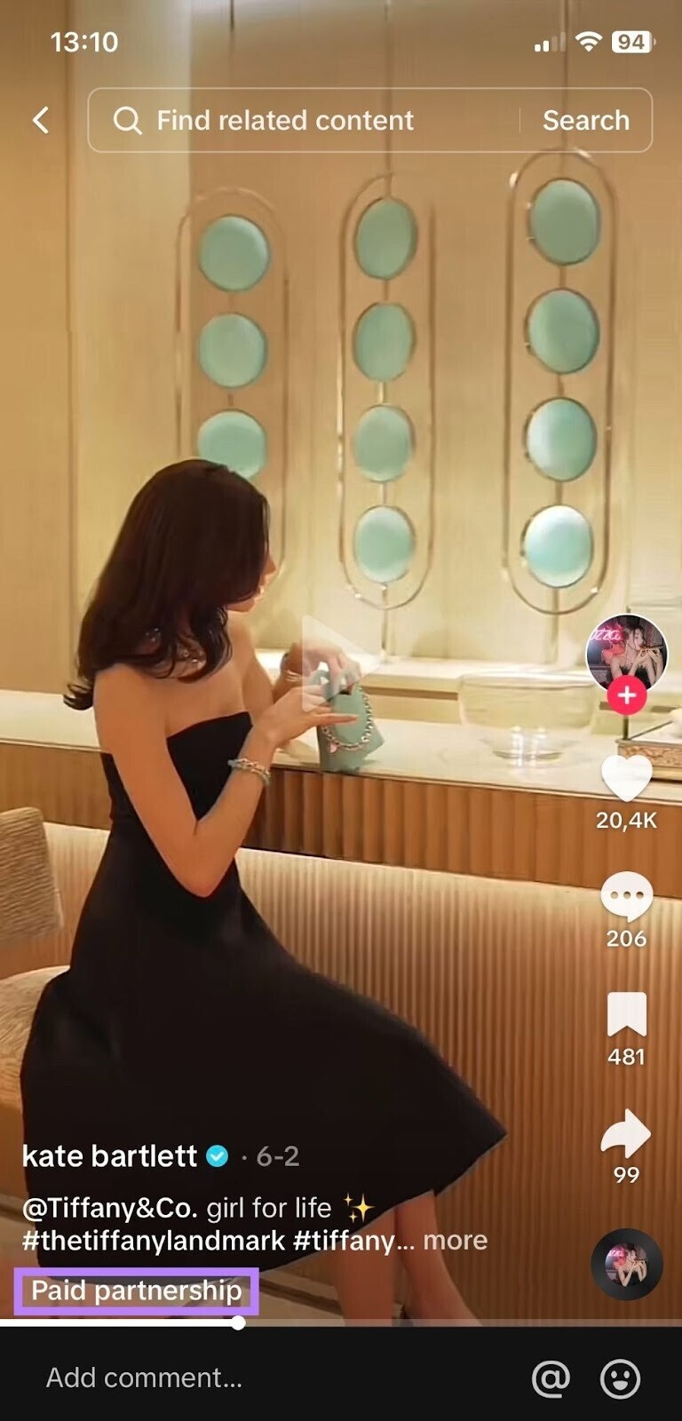 A TikTok ad for Tiffany&Co. by kate bartlett marked as "Paid partnership"