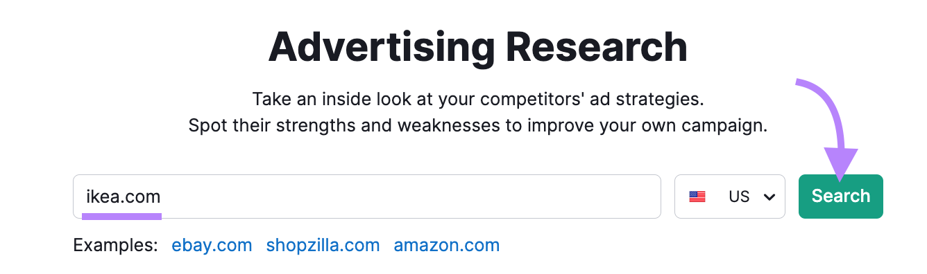 "ikea.com" entered in Advertising Research search bar